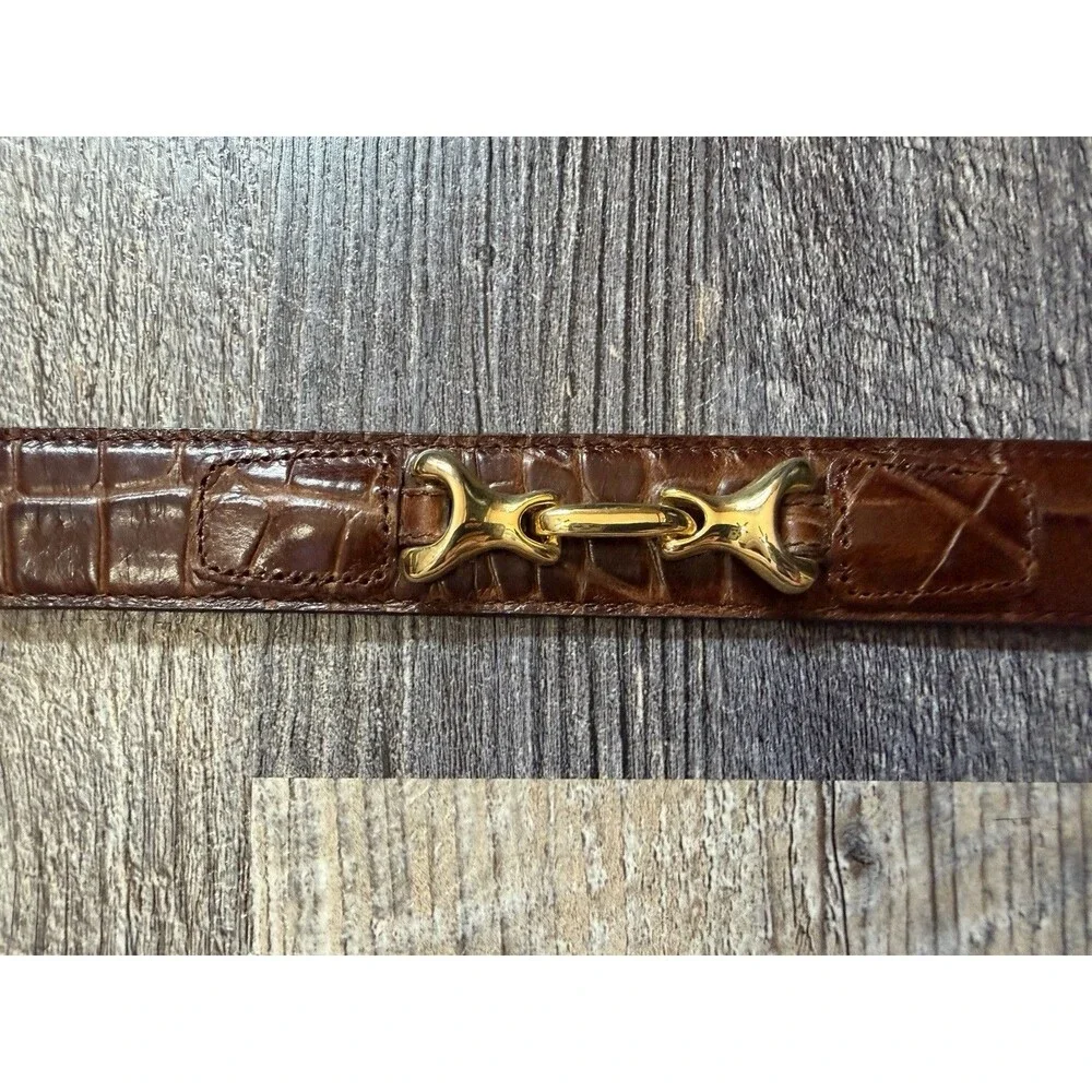 Genuine Leather Croc Embossed Belt Brown Gold Snaffle Bit Equestrian Horsebit L